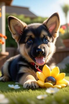 a small dog laying on the grass with a flower in its mouth and tongue out