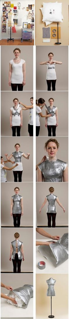 a series of photos showing how to make a woman's silver dress with her hands in the air