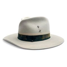 Dominique Cohen knockout neutral hand-tooled designer hat<br>detailed in antiqued silver, a champagne diamond, silk, suede, and sterling silver, angled view <span class='visuallyhidden'>Call, text 323-404-2959 for shopping assistance</span> Hat Styling, Hand Dyed Silk, Black Thread, Silk Dyeing, Felt Hat, Hat Pins, Custom Hats, Custom Embroidery, Grosgrain Ribbon