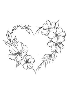 a heart shaped frame with flowers and leaves on the side, drawn in black ink