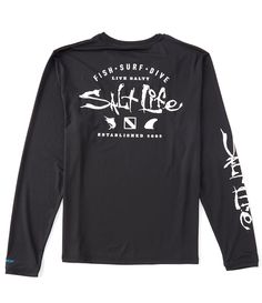 From Salt Life, this tee features:crewnecklong sleeves (one with logo detail)small "Salt Life" logo, graphics and verbiage on the frontlarge "Salt Life" logo, graphics and verbiage on the backpullover stylingSLX performance designUV 30 sun protectionquick drying and moisture wicking fabricpolyester/spandex machine wash/tumble dryImported. Moisture-wicking Long Sleeve Summer Top, Retro Logo Design, Life Logo, Salt Life, Retro Logo, Dillard's, Graphic Long Sleeve, Moisture Wicking, Long Sleeve Tshirt Men