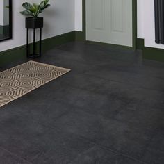 a room with a rug, mirror and potted plant on the floor in front of it