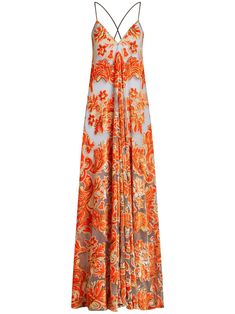 burnt orange/multicolour tulle netting/velvet patterned jacquard V-neck concealed rear zip fastening crossover shoulder straps floor-length flared hem Patterned Gown, Etro Dress, Fendi Dress, Gown Pattern, Silk Print Dress, Printed Shirt Dress, Mini Sweater Dress, Silk Maxi Dress, Silk Mini Dress