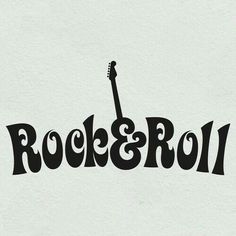 the word rock and roll with an electric guitar on it