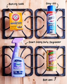 the ingredients to make homemade dish soaps are displayed on metal trays, including baking soda and dawn heavy duty degreaser