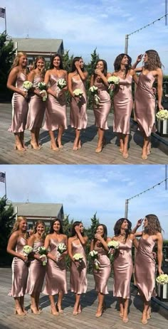 four pictures of women in different dresses posing for the camera