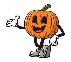 a cartoon pumpkin with arms and legs, giving the thumbs up while holding his hand out