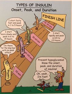 a comic strip about the types of insilin on foot, peak, and duration