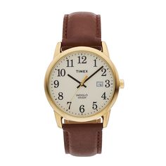 This men's Timex Easy Reader leather watch is a classic choice.FEATURESDate windowDISPLAYDial color: creamIllumination: Indiglo EL backlightFace cover material: mineral crystalCASEMaterial: gold-tone brass with stainless steel backDiameter: 38 mmBANDMaterial: brown leatherClasp: buckleCircumference: adjusts from 150 mm to 205 mmWidth: 20 mmDETAILSMovement: quartzPower: batteryWater resistance: 30 metersPackaging: boxedWarranty: manufacturer's 1-year limitedFor warranty information please click h Classic Analog Watches, Brown Anniversary Watches With Subdials, Brown Analog Watches For Anniversary, Anniversary Brown Watches With Subdials, Timeless Brown Watch For Anniversary, Brown Timeless Anniversary Watch, Classic Brown Watch Accessories With Metal Dial, Timeless Brown Watch Accessories For Anniversary, Classic Analog Watch Accessories For Everyday