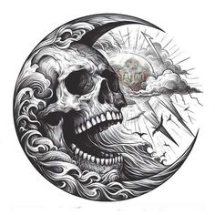 a drawing of a skull on the moon