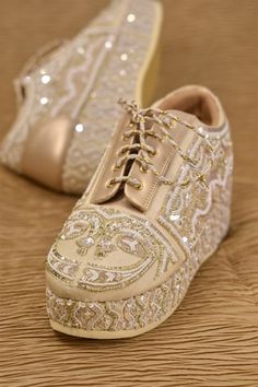 Ivory sneakers with bead, sequin, thread embroidery in peacock pattern. - Aza Fashions Luxury Lace-up Sneakers With Crystal Embellishments, Luxury Low-top Custom Sneakers With Crystal Embellishments, Wedding Shoes For Snow, Wedding Sneakers For Bride, Indian Sandals, Embroidery Sneakers, Bride Sneakers, Wedding Footwear, Bride Sandals