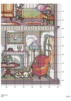 the cross stitch pattern shows an image of a room with furniture and accessories, including a bed