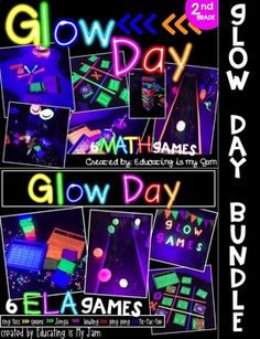 glow in the dark game poster with words and pictures on it, including neon colors