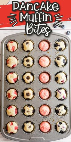 a pan filled with muffins sitting on top of a table