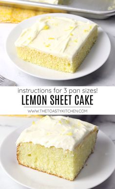 two slices of lemon sheet cake on white plates with the text instructions for 3 pan sizes