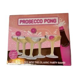 three wine glasses and a bottle in front of a pink box with the words proseco pong on it