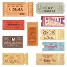 vintage movie tickets set on white background