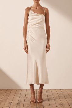 La Lune Asymmetrical Bias Cowl Midi Dress | Cream | Dresses | Shona Joy – Shona Joy International Cream Dresses, Shona Joy Dress, Dinner Dresses, White Ruffle Dress, Asymmetrical Midi Dress, Summer Loving, Satin Cocktail Dress, Shona Joy, Dress Cream