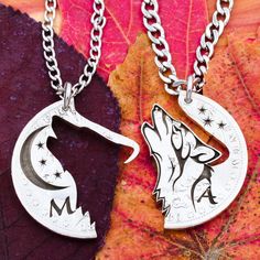 These Wolf necklaces form a pair that fits together perfectly. We will include initials on each half. Let us know what initials you would like in your order comments. Our team of 7 will work very hard to make the perfect gift for you. First we engrave the inside details inside a real coin, then we cut it by hand to come apart. We now have new real silver quarters that are new and in mint condition! These are specialty coins that the mint has made for collectors that have never been in circulatio Best Friends Jewelry, Friends Jewelry, Silver Quarters, Hummingbird Pendant, Wolf Necklace, Friend Jewelry, Engraved Initials, Howling Wolf, Best Friend Jewelry