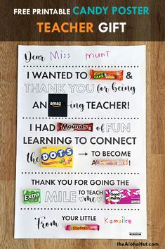 a printable candy poster for teacher appreciation