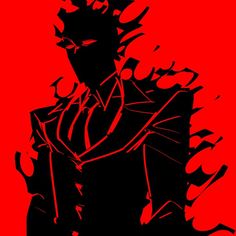 a black and red drawing of a man in a suit with spikes on his head