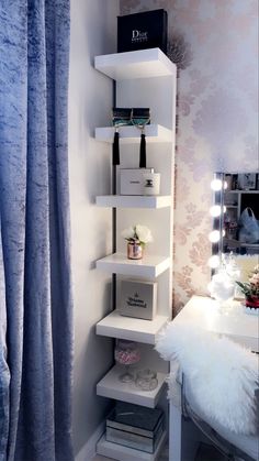 Ikea Shelf Ideas Bedroom, Makeup Room Inspiration, Ikea Shelf Decor Bedroom, Makeup Vanity Shelf Ideas, Room Shelfs Aesthetic, Vanity Shelf Ideas Bedroom, Aesthetic Shelf Decor Ideas, Diy Ikea Lack Shelf, Ikea Shelf Aesthetic