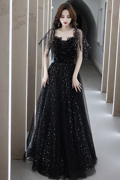 Black tulle long A line prom dress evening dress Starry Wedding, Off Shoulder Tulle, Tulle Long Prom Dress, A Line Prom Dress, Graceful Movement, Prom Dress Evening, Custom Size Dresses, فستان سهرة, A Line Prom Dresses