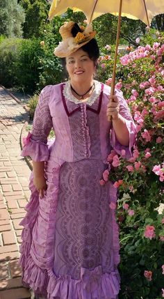 Dyed floral batiste with vintage dyed to match embroidered eyelet pieces and silk taffeta. Chapeau is antique horsehair sewn on my original straw machines, parasol is recovered in ivory and yellow silk. Purple 1800s Dress, Purple Edwardian Dress, Purple Parasol Aesthetic, Absinthe Green Fairy, 1930s Purple Dress, Yellow Silk, Horse Hair