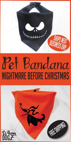 two halloween bandanas with the words pet bandana nightmares before christmas