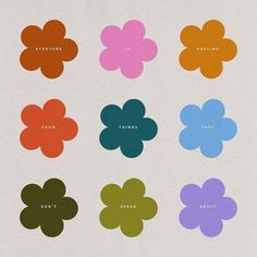 six different colored flowers with the word think on them in black, red, green, blue, and pink