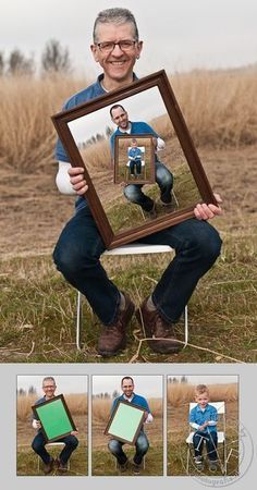 a man sitting on a chair holding up a mirror with his face in the frame