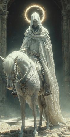 a woman dressed in white riding on the back of a horse next to an archway