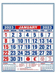 a calendar for the month of january with red, white and blue numbers on it