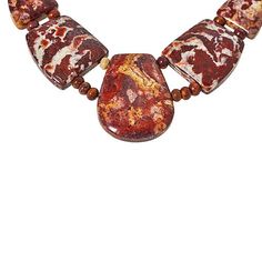 Jay King Multicolor Red Leopard Skin Quartzite Necklace This bold, modern necklace design features a unique, South African quartzite called Red Leopard Skin, named for its natural, reddish-brown spotted patterns. From Jay King.       Approx. 18-1/4"L x 3/8"W with 2-3/4" extender     Center drop approx. 1-3/8"L x 1-3/4"W     Stamped .925     Hook closure     Necklace has five-station drape made of freeform, multicolor red "Leopard Skin" quartzite     Rondelle-shaped multicolor red quartzite beads Modern Necklace Design, Jewelry King, Modern Necklace, Leopard Skin, Spots Pattern, Necklace Stone, Red Leopard, Color Bands, Necklace Design