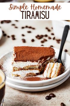 a piece of tirami cake on a plate with coffee beans