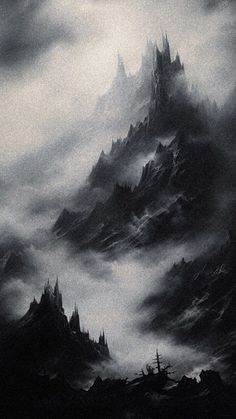 a black and white painting of mountains in the clouds