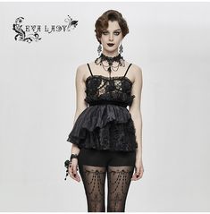 Look effortlessly stylish in this gothic-style camisole featuring a strappy asymmetric hem and multiple layers for a chic and unique look. shop now for free shipping and returns. Gothic Pants, Embroidered Lace Fabric, Womens Camisoles, Open Neck, Lace Peplum, Lace Camisole, Neck Piece, Waist Strap, Nyc Fashion