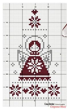 a cross stitch christmas ornament with a red bell on it's side