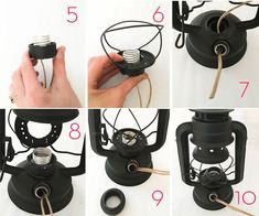 the instructions for making an outdoor light fixture are shown in four different pictures, including one with