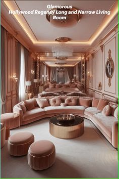 a living room filled with pink couches and chairs next to a round coffee table