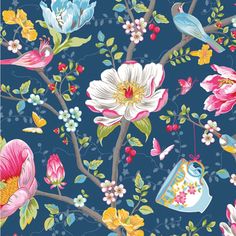 a blue floral wallpaper with birds and flowers