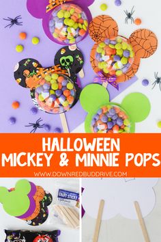 halloween mickey and minnie pops with candy on sticks in front of the image, there is a