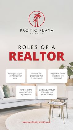 a living room with white furniture and palm trees on the wall, text reads roles of a realtor