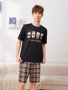 Teen Boy Cartoon Pattern Short Sleeve T-Shirt And Plaid Shorts Summer Pajama Set 2 Pieces Black Casual  Short Sleeve Knitted Fabric Cartoon,Letter,Plaid Short Sets Slight Stretch  Teen Boys Clothing, size features are:Bust: ,Length: ,Sleeve Length: Summer Pajama Set, Boy Cartoon, Teen Boy Outfits, Summer Pajamas, Shorts Summer, Boys Pajamas, Teen Boy, Cartoon Pattern, Plaid Shorts