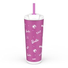 the tumbler cup has a pink lid and is decorated with different types of items