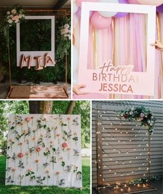 four different pictures with flowers and balloons on them, including a birthday sign, a photo frame