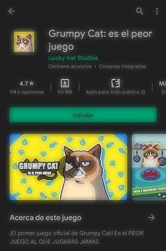 the grumpy cat esp app is displayed on an iphone screen, with caption in spanish