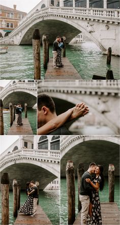 a couple kissing in front of a bridge with water and buildings behind them, while another man holds the woman's hand