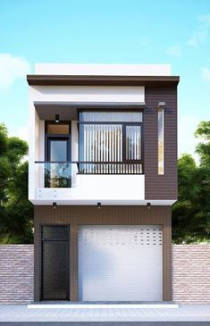 a two story house with a balcony on the second floor and an open garage door