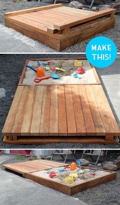 an outdoor table made out of pallet wood with sand and toys in it on top